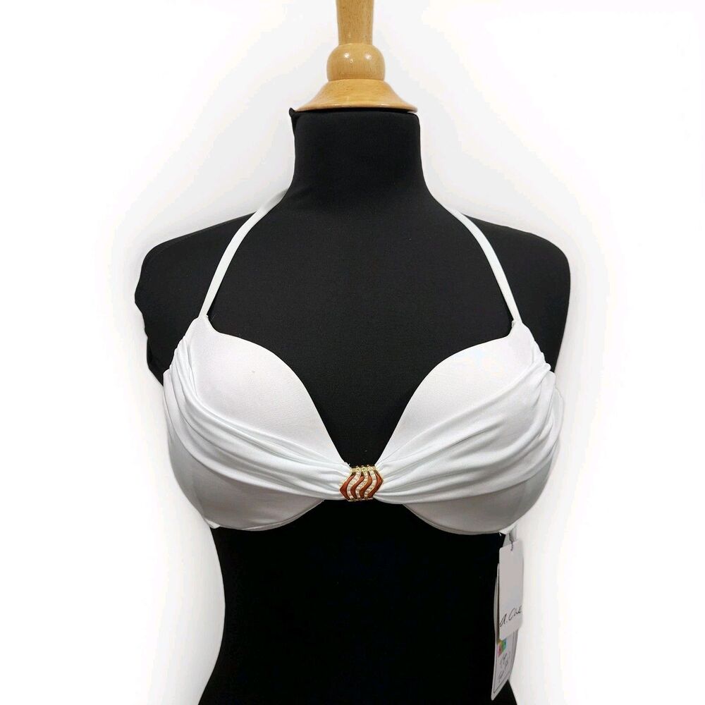 A.Che Balia Push-up Bikini Top White Pearl Halter Shirred Adjustable 32D 34C 36B
